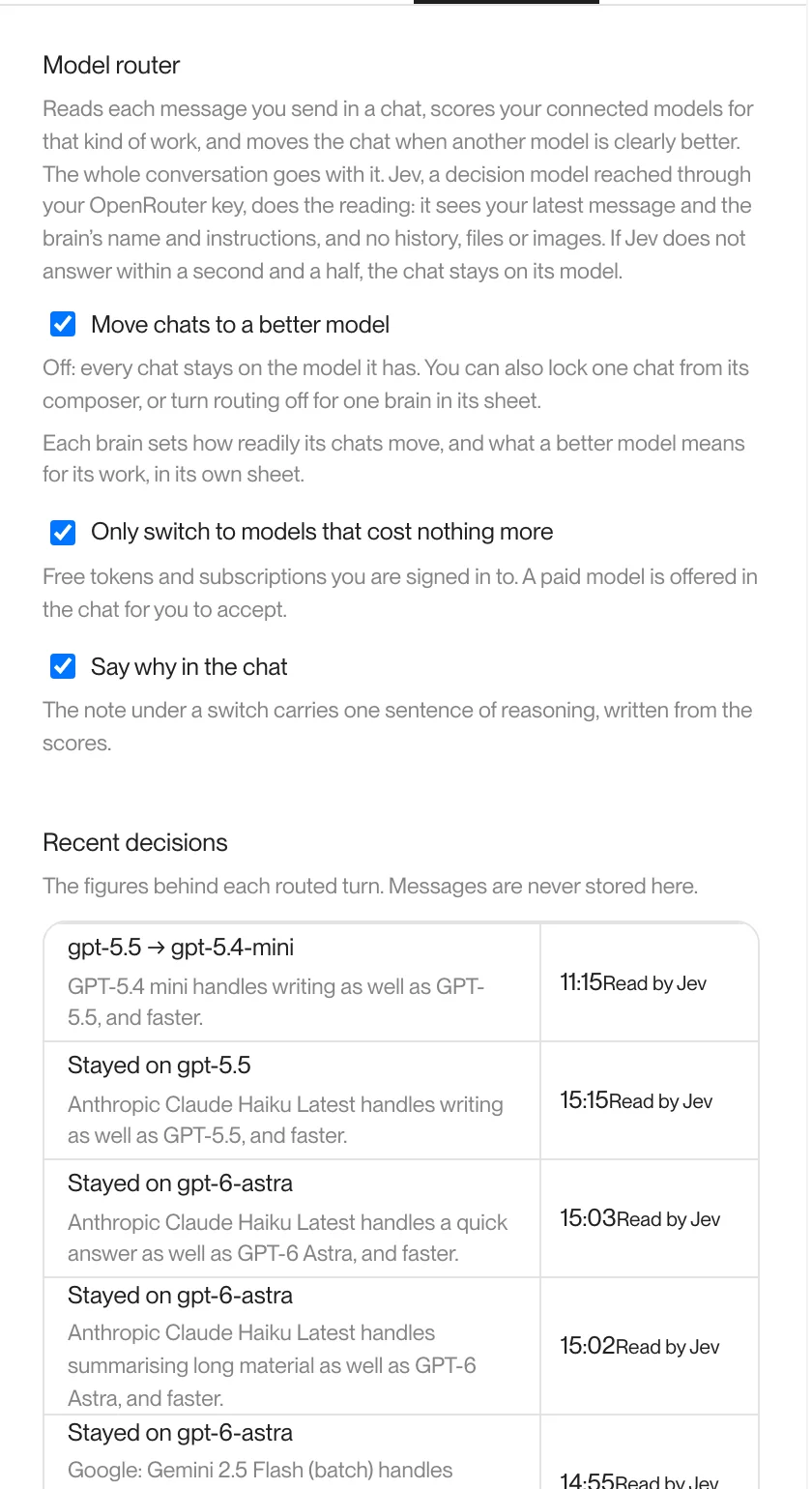 The router explaining why it moved a chat to another model