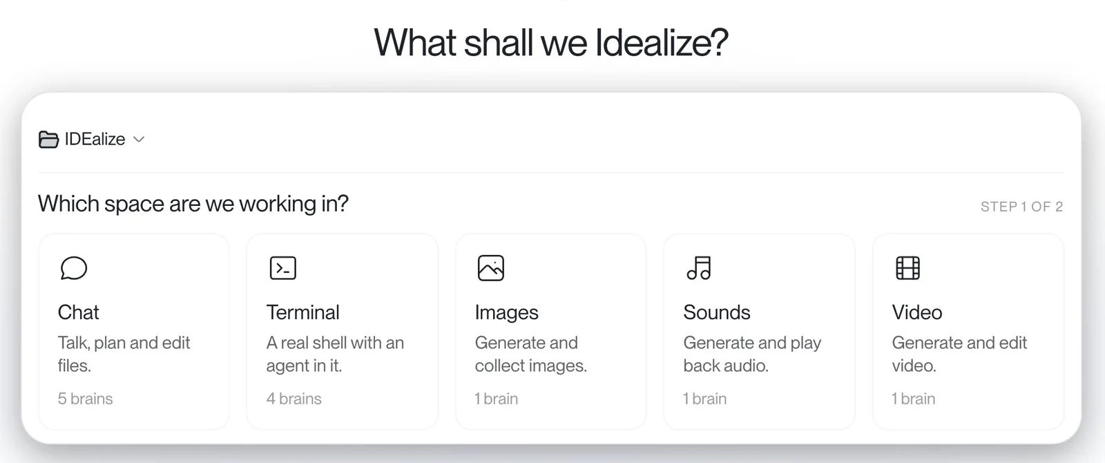 The IDEalize space picker: chat, terminal, images, sounds and video